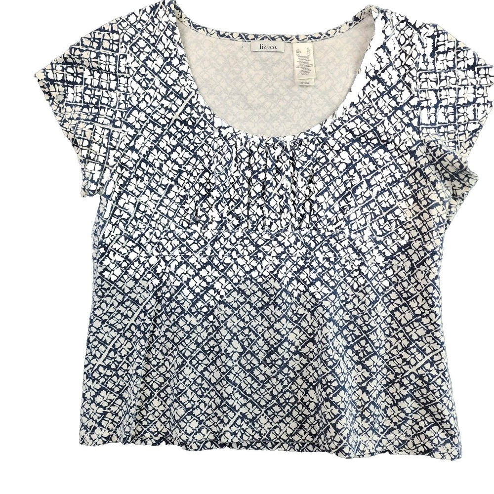 Liz‎ & Co Women's Blue White Geometric Print V-Neck Short Sleeve Top XL